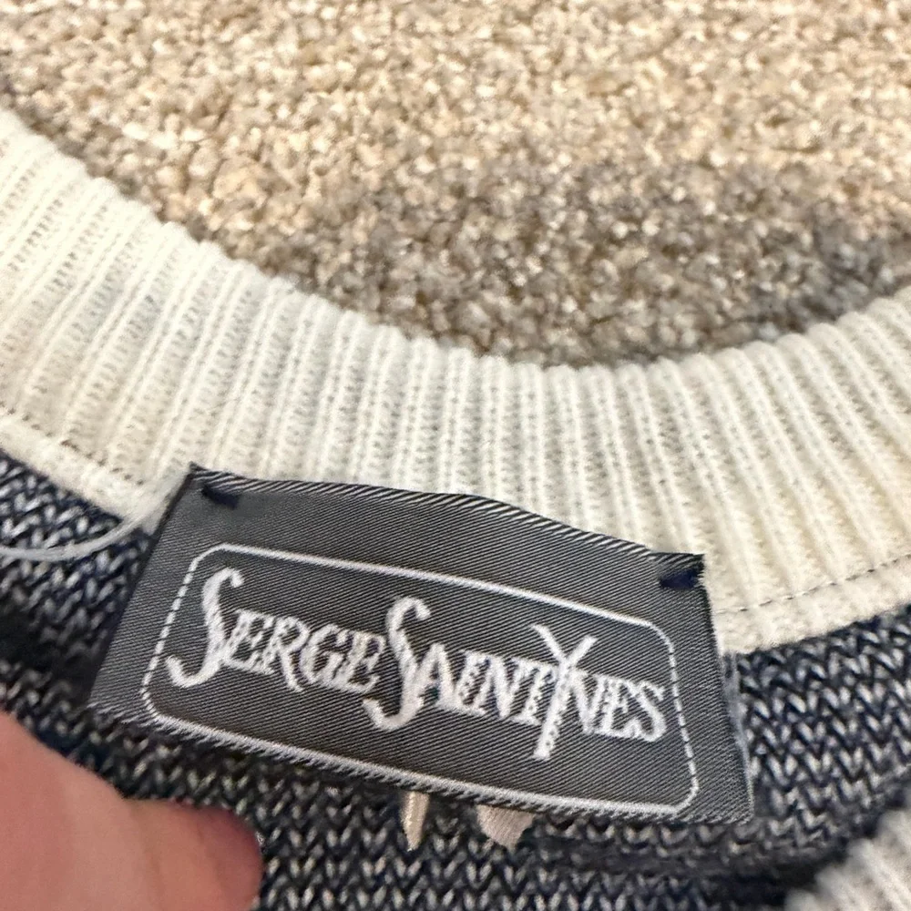 Vintage Serge Saint Yves Aztec Geometric Knit Sweater Navy Cream 80s 90s - Picture 3 of 9